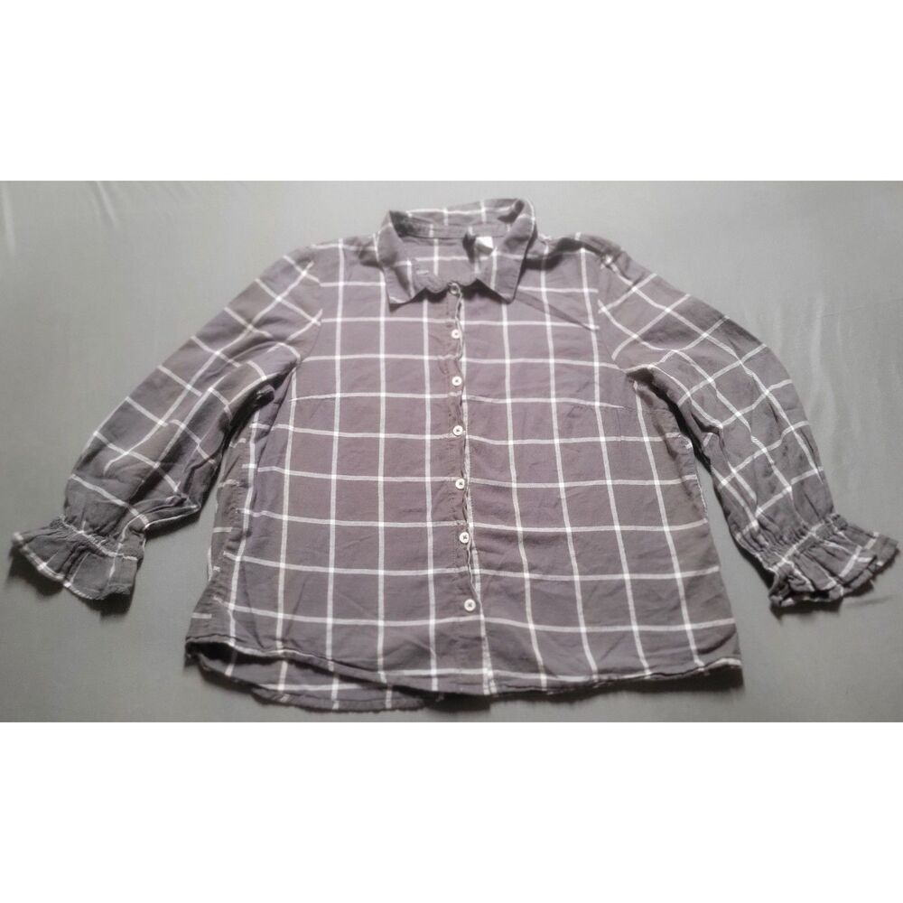 H&M Divided Grid Plaid Button Down Blouse Smocked Ruffle Cuffs Size 0